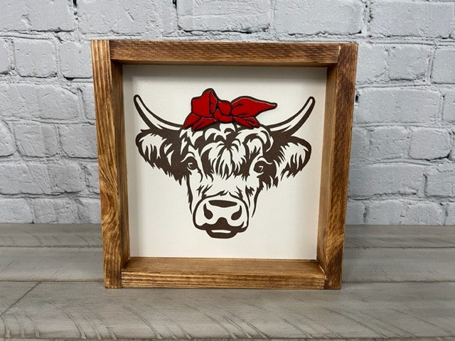 Highland Cow with Red Bow - Farmhouse Decor - Funny Decor Sign